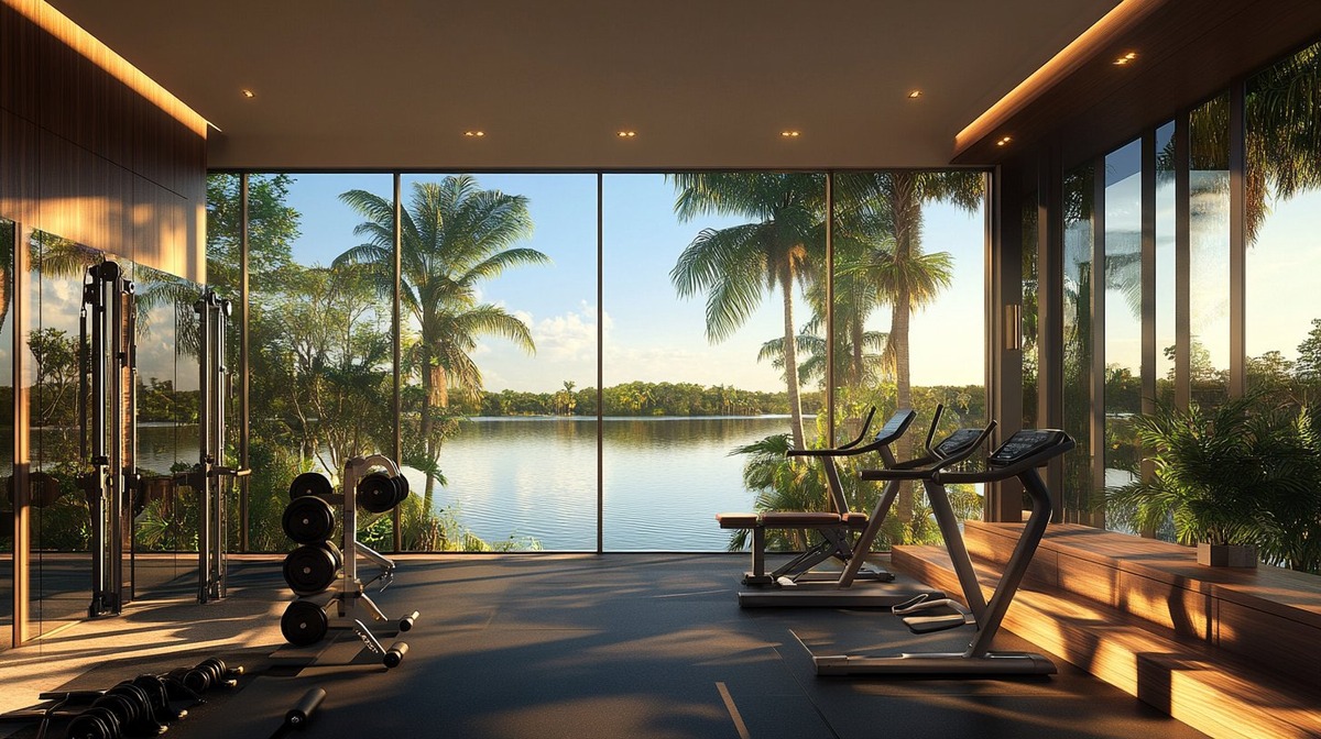 The Residence Club fitness studio at Lake Shadroe — floor-to-ceiling glass, waterfront view