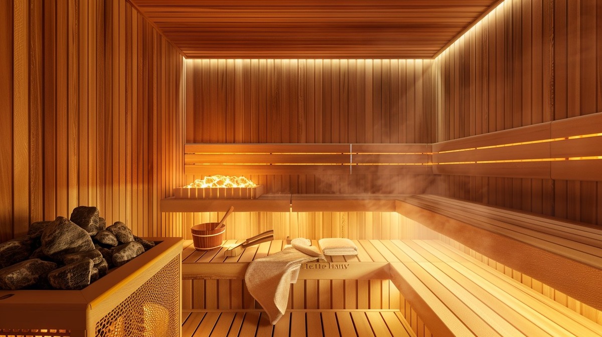 The Residence Club Finnish dry sauna at Lake Shadroe — cedar paneling, owner-only access