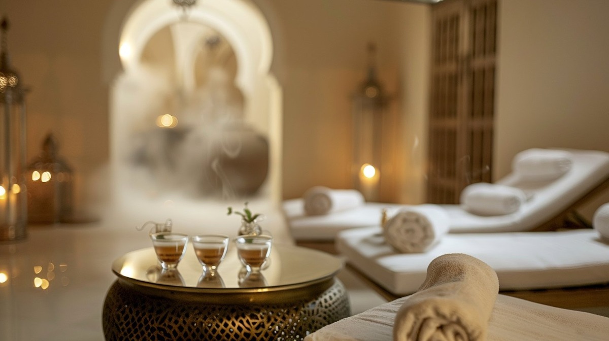 Dalal hammam at Lake Shadroe — heated marble platforms, brass lanterns, arched stone chambers