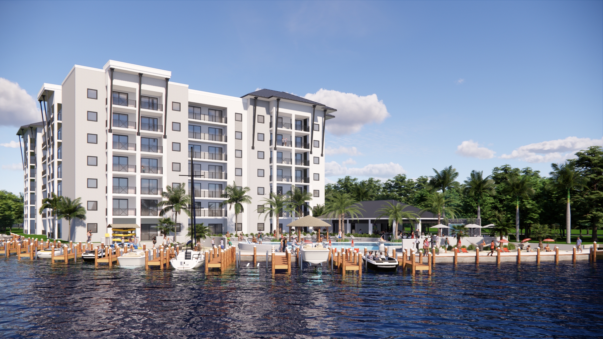 Lake Shadroe private marina — 12 slips on the Caloosahatchee system with Gulf access through Matlacha Pass (rendering)